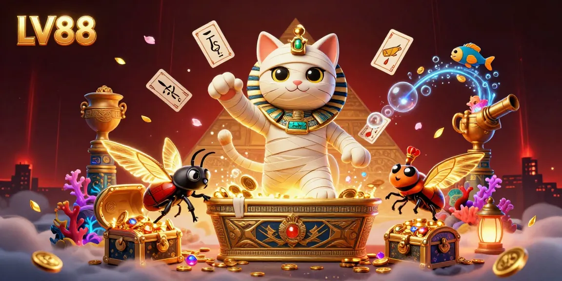 Engage with LV88 in an exciting scene featuring a mummy cat and treasures in a vibrant casino.