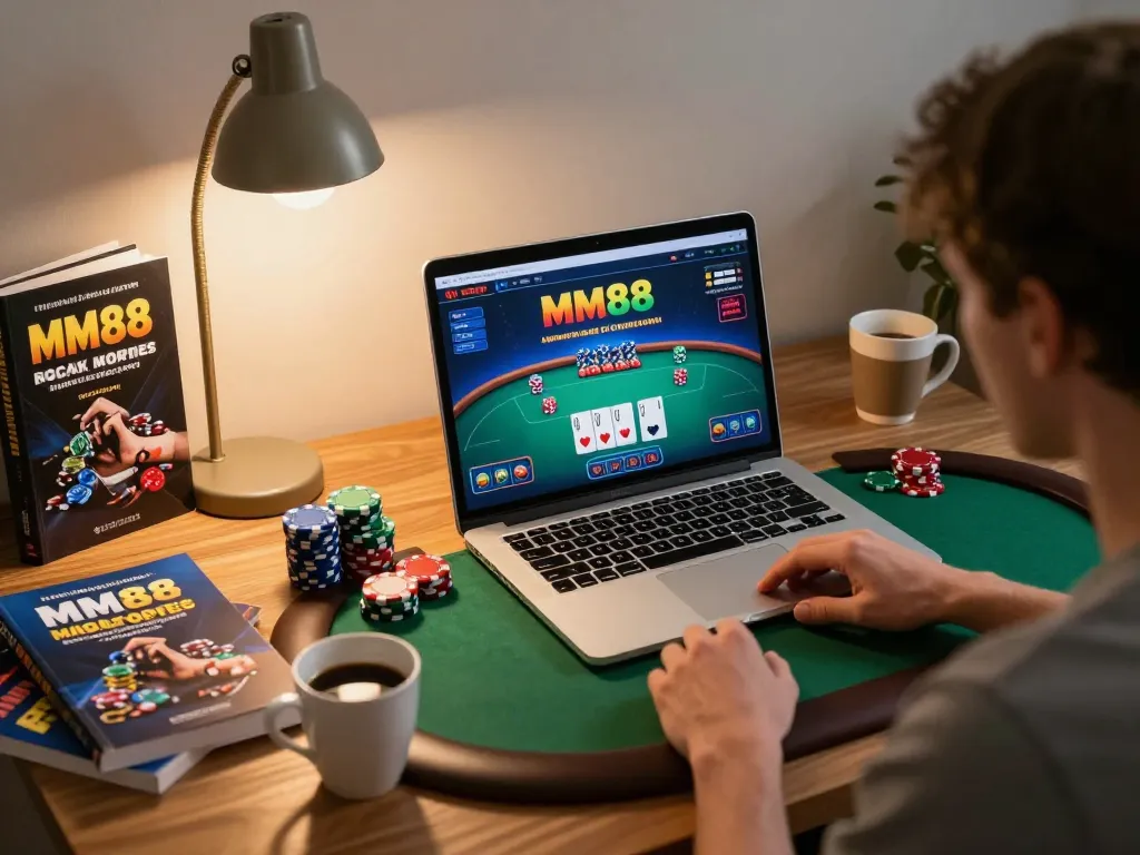 Engaging scene of a person playing online MM88 poker, showcasing strategic gameplay in a cozy home environment.