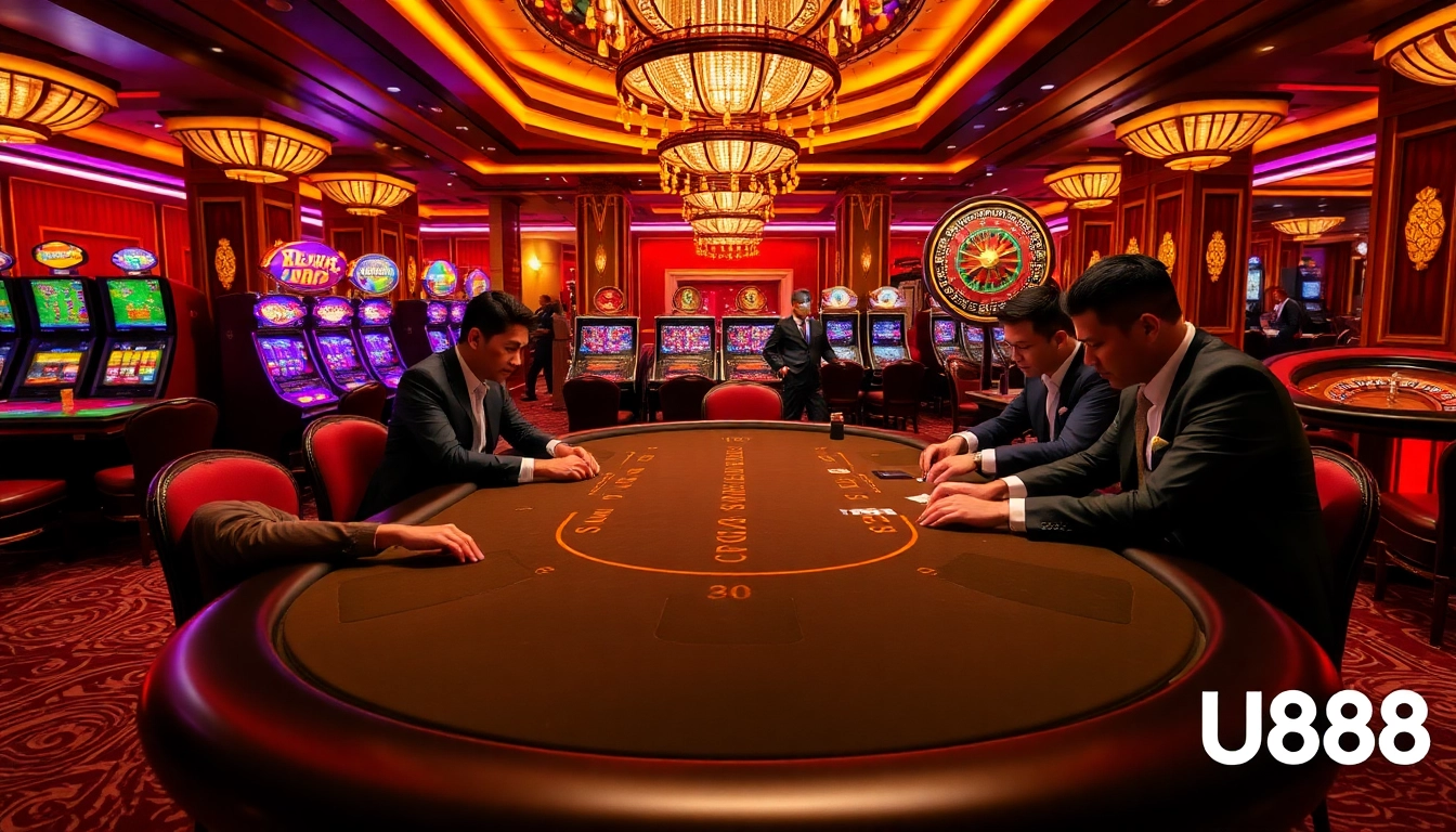 Intense poker action at U888 casino featuring luxurious decor and vibrant atmosphere.