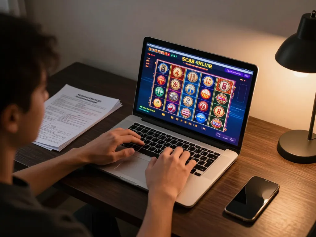 SC88 player analyzing betting strategies while enjoying online casino games at home