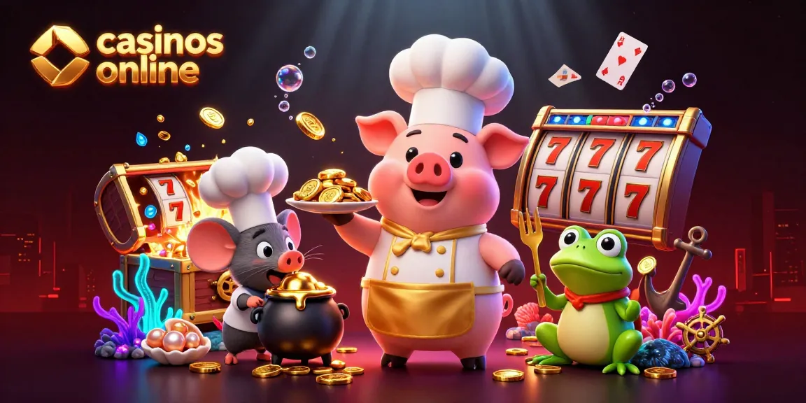 Disfruta en casinos online donde un cerdo chef presenta monedas de oro en una escena vibrante y dinámica.