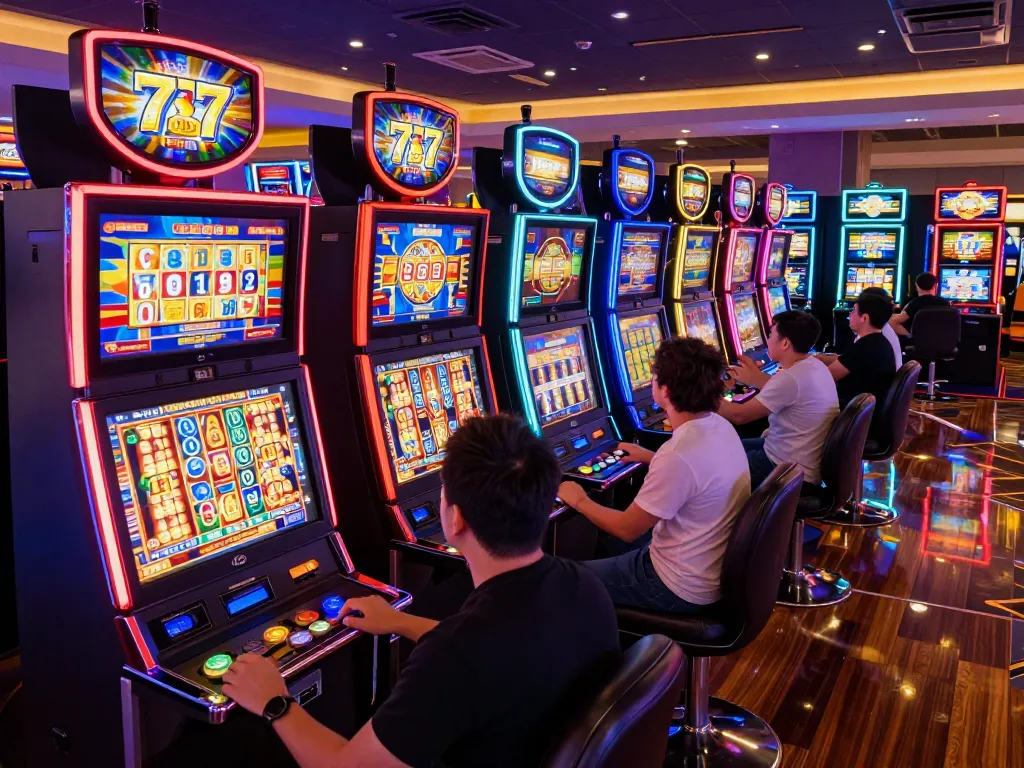 Players enjoying vibrant slot77 gaming experience amidst colorful machines and exciting atmosphere.