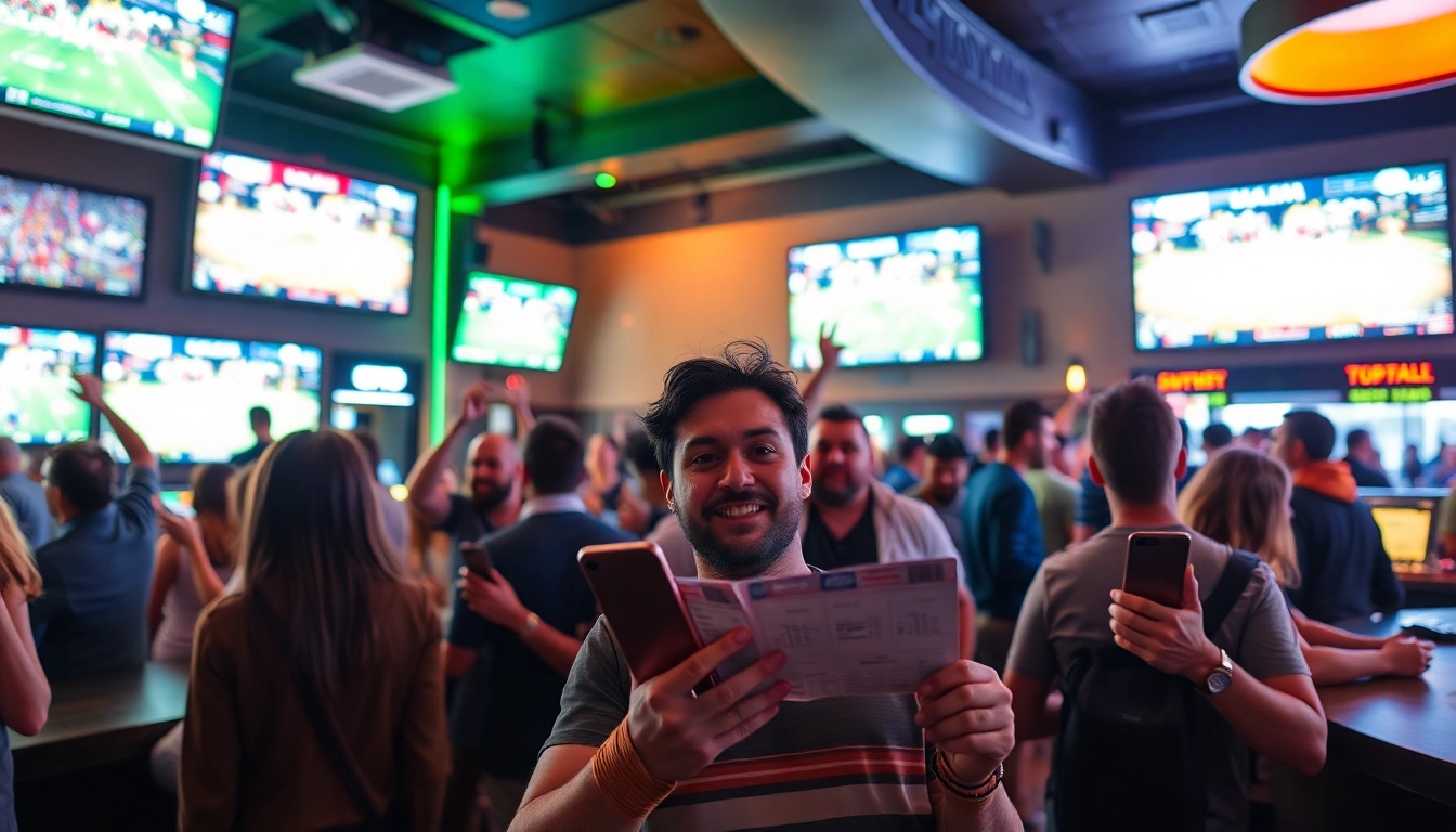 Engaging atmosphere of sports betting sites Oklahoma with bettors enjoying live games in a vibrant bar setting.