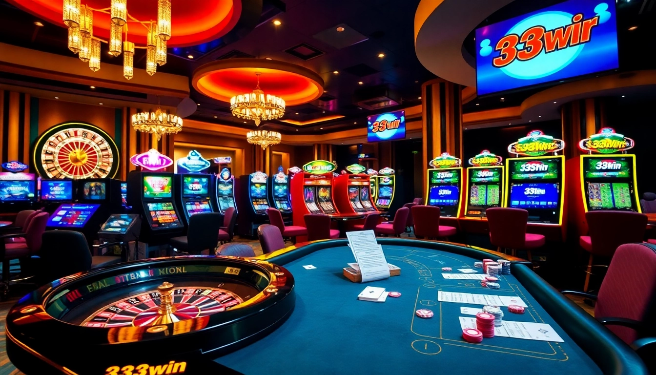 Experience the excitement of 33win at a luxurious casino poker table filled with colorful chips and cards.