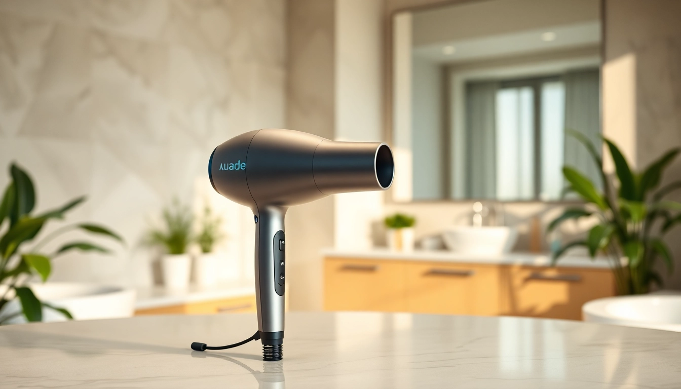 Frizzy hair dryer displayed elegantly on a bathroom counter with warm lighting.