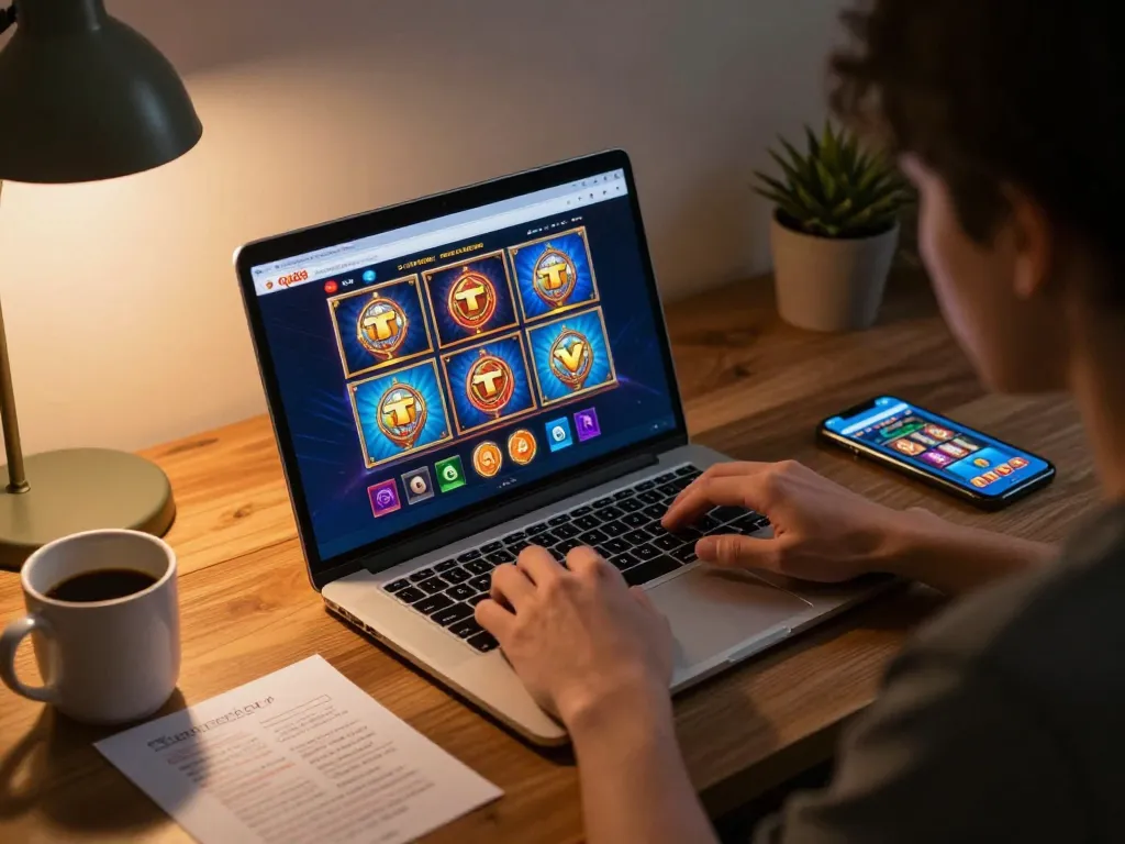 Player engaging with the qq88 online casino platform while managing strategic betting notes at home