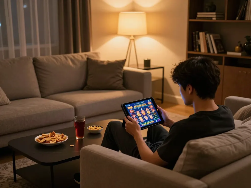 Engaging in thrilling uu88 online gambling from a cozy home setup with modern decor.