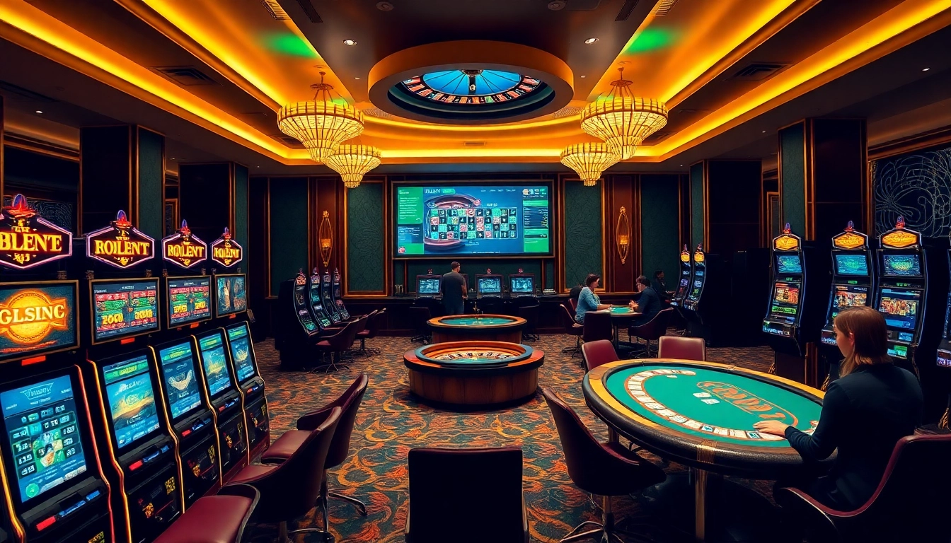 Players enjoying a thrilling gaming experience at a luxurious casino featuring https://123b.ing/ games and betting tables.