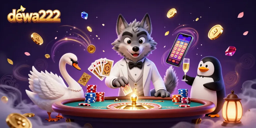 Experience ultimate thrills at dewa222 with cartoon wolf, elegant swan, and penguin in casino setting.