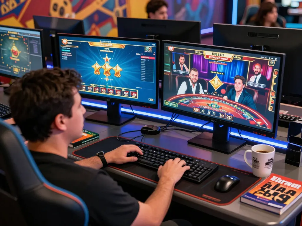 Player enjoying RR88 online casino experience at home desk, engaging in live dealer games.