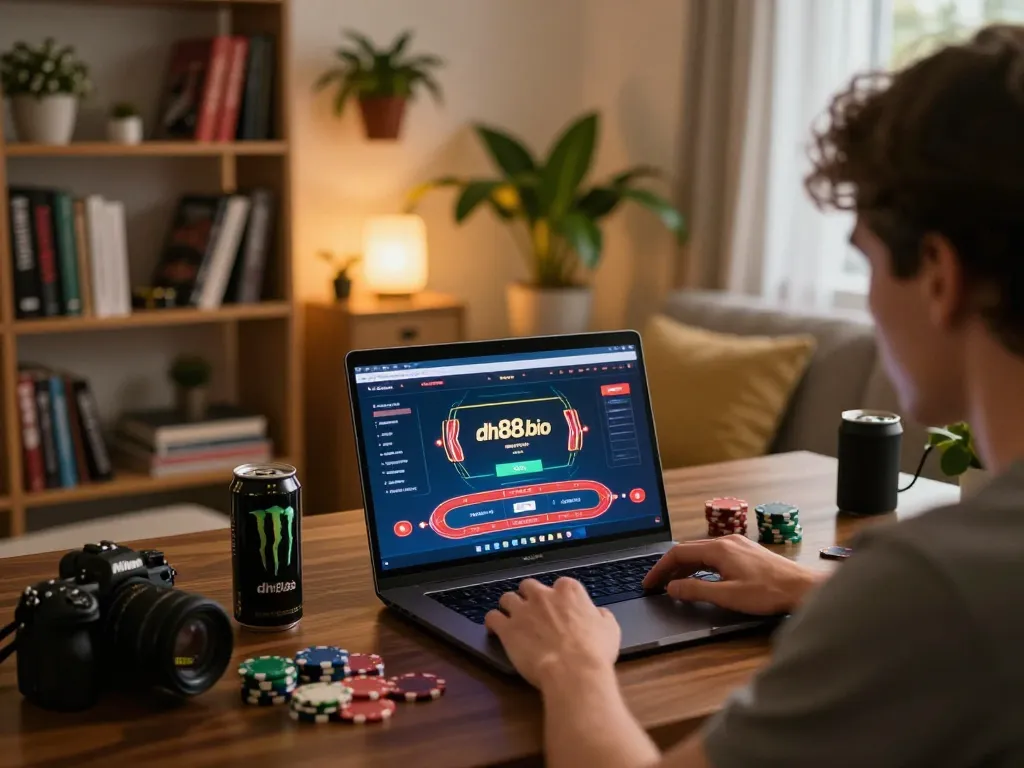 Engaged player using dh88.bio for online poker gaming strategy at home.