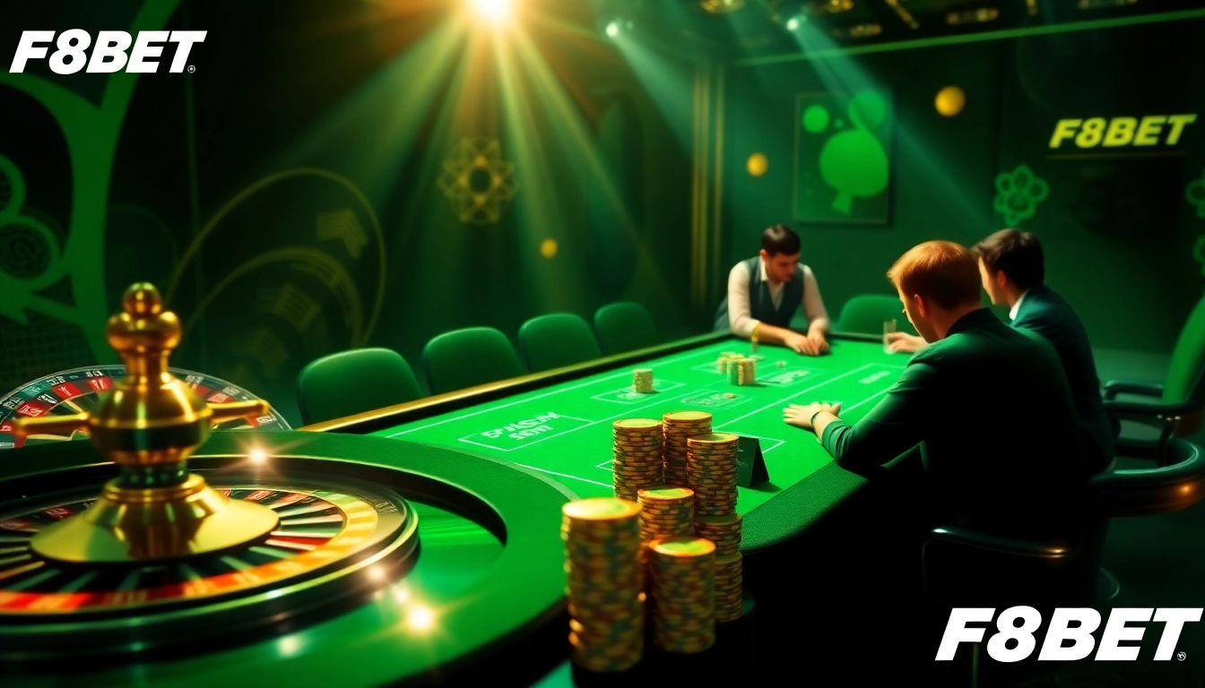 Winning at F8BET online gambling with vibrant poker chips and a roulette wheel.