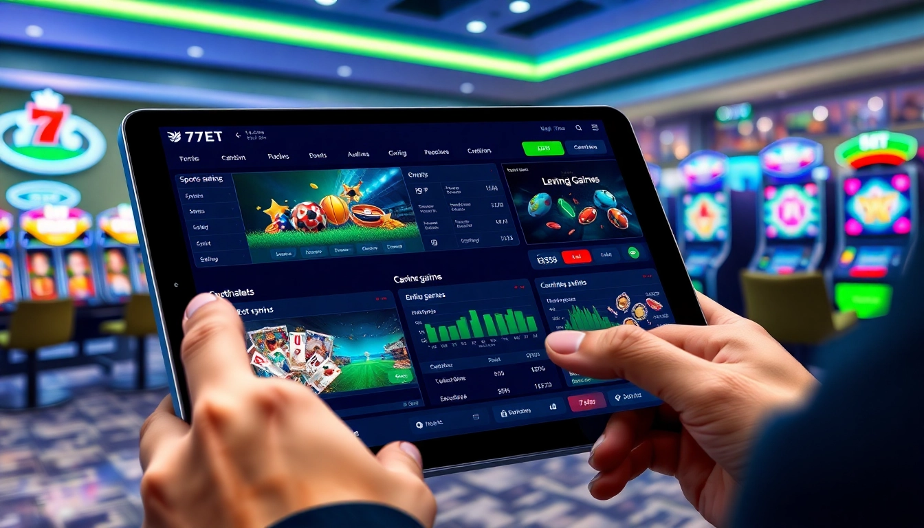 Engaging view of a user interacting with the 77bet online betting platform, showcasing gaming options and winnings.