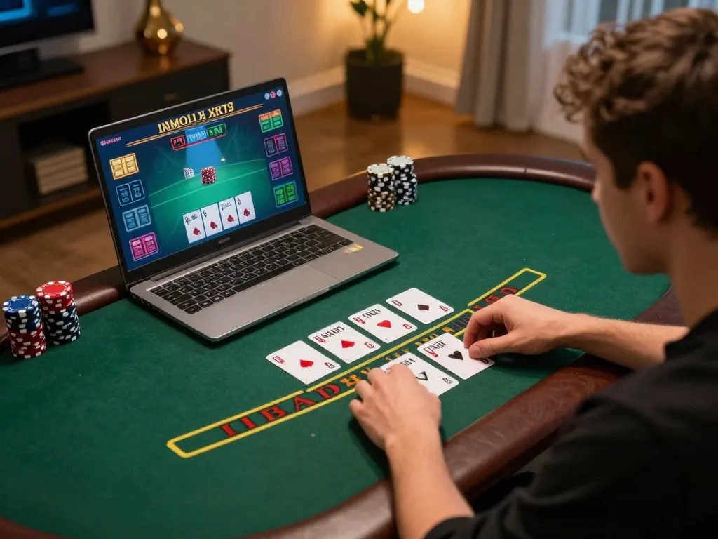 Player strategizing in live dealer blackjack at https://x88.design/ with focused expression and cozy home decor.