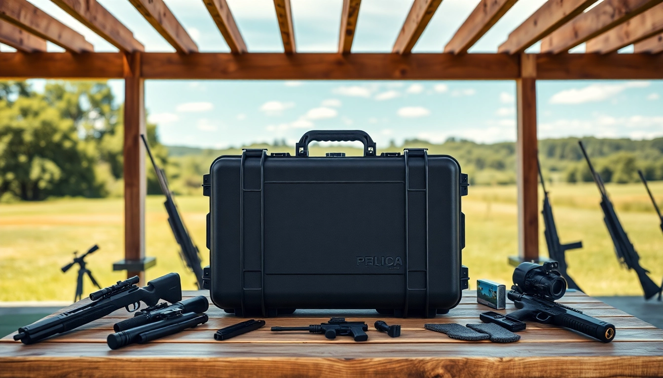 Showcasing a pelican rifle case on a shooting range table, emphasizing its robust design and outdoor readiness.