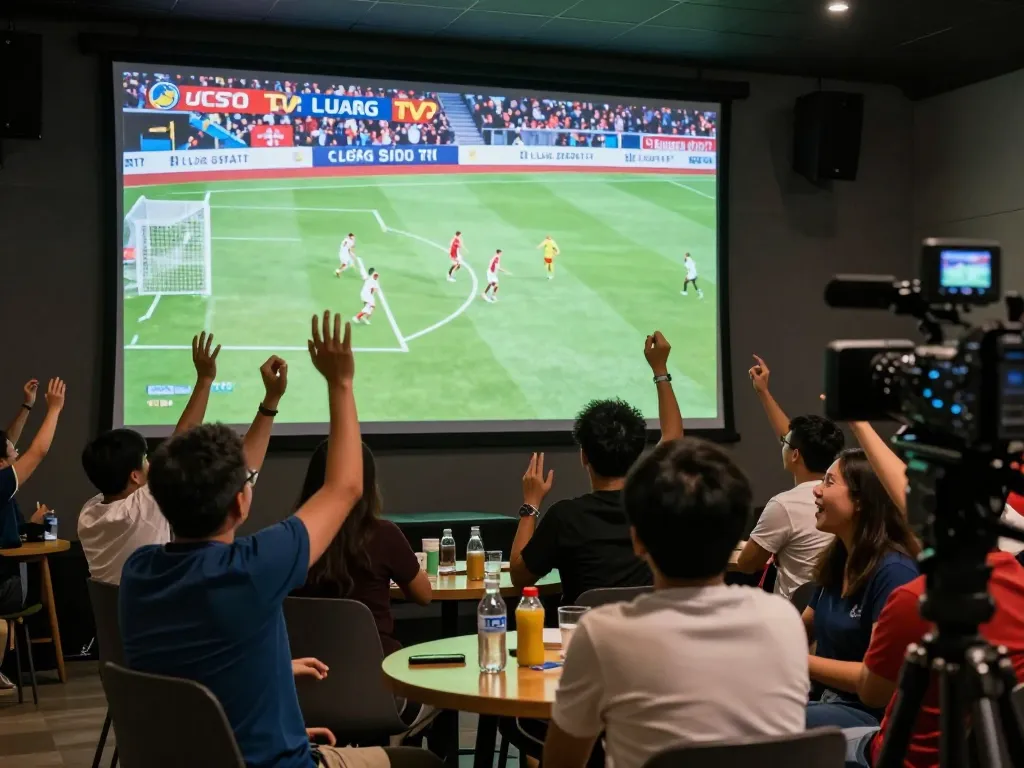 Fans cheering for soccer matches on Lương Sơn TV, celebrating intense goal moments with excitement.