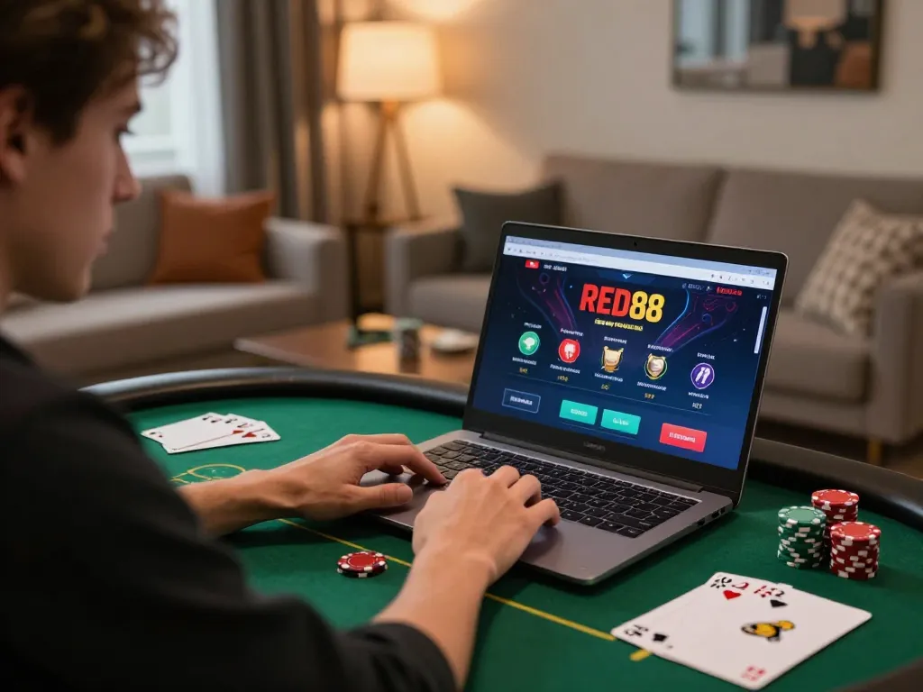 Engaged player navigating RED88 online casino gaming from a stylish home setup, with chips and notes.