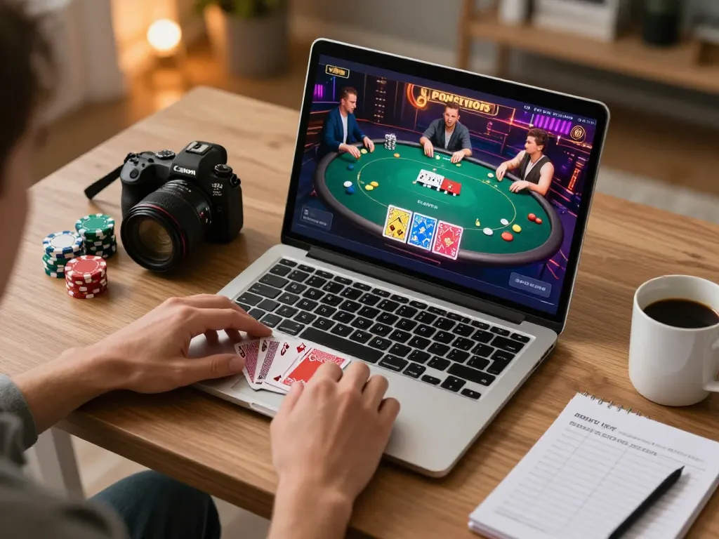 Kubet online poker game in a cozy home setting showcasing strategic gameplay and chip stacks.