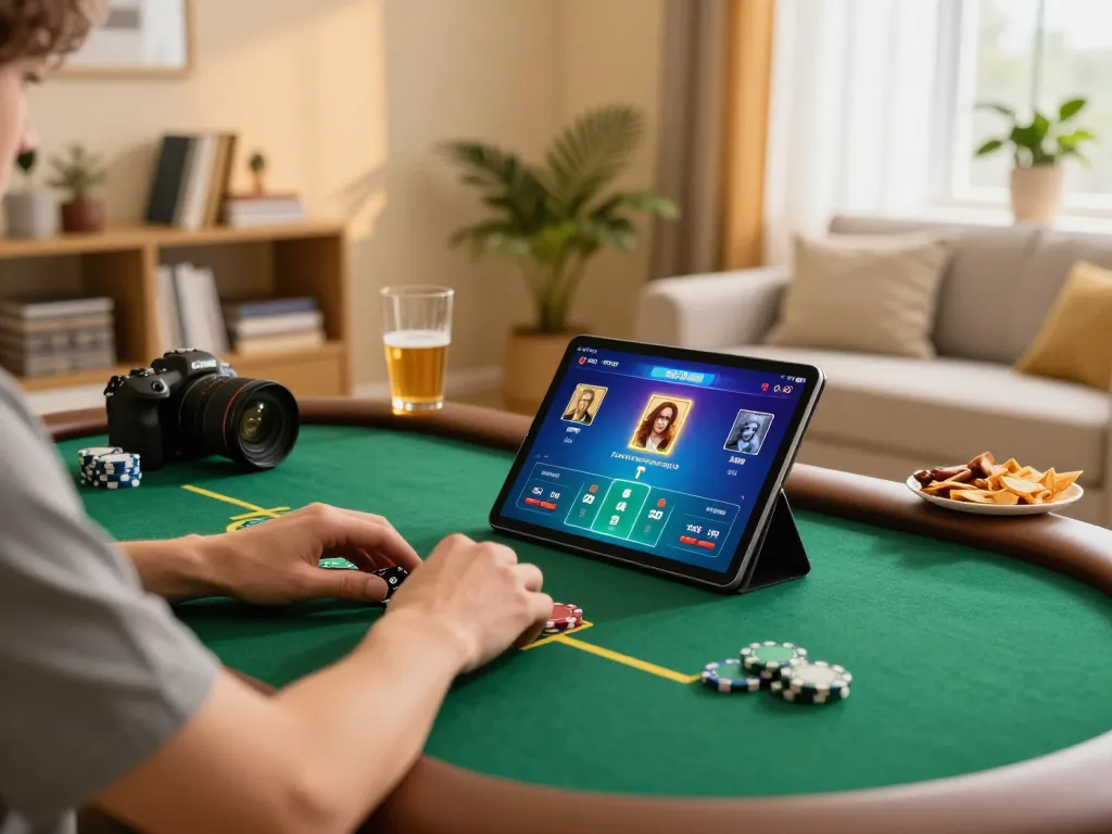 Player engaging in poker on a tablet in a cozy home setting, showcasing tg88-bm platform.