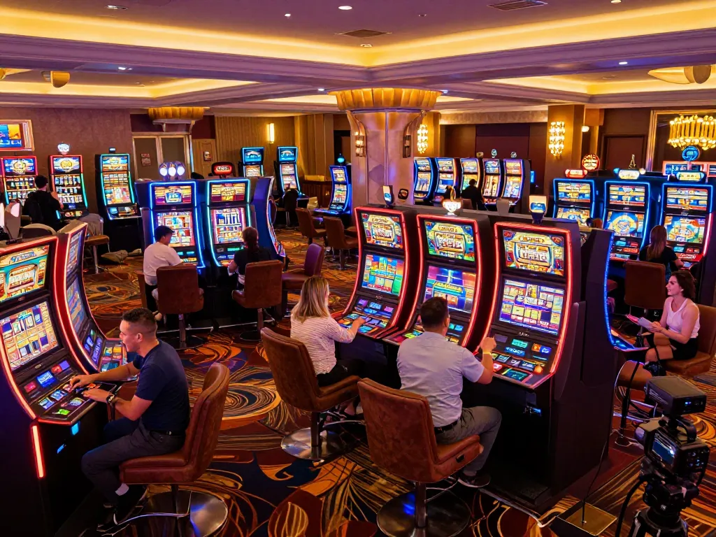 Engaged players enjoying thrilling slot machines at Thabet casino, vibrant atmosphere, and dynamic gameplay.