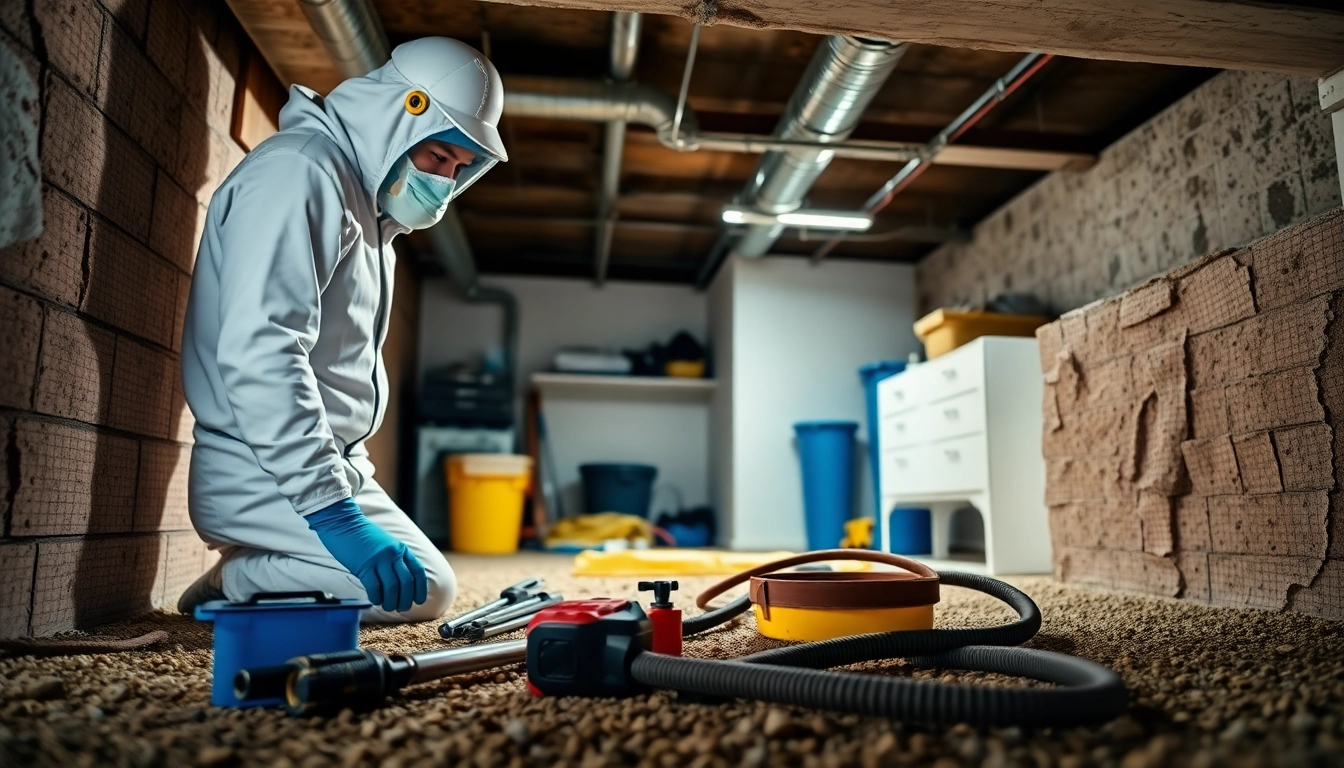 Service technician at http://newleafcrawlspace.com performing crawl space sanitization.