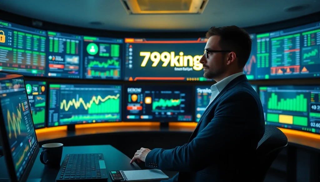 79king branding in a high-tech betting control room with live dashboards and secure login visuals
