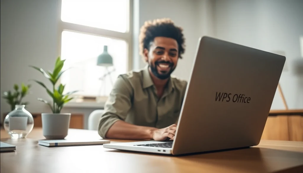 Downloading WPS office下载 on a sleek laptop in a modern office setting.