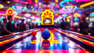 Analyze plinko game reviews with vibrant game board and players in a casino setting.