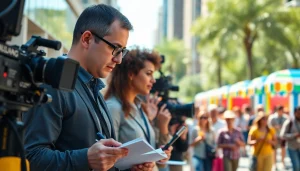 Capture a vibrant scene of journalists at https://2urbangirls.com covering community events.