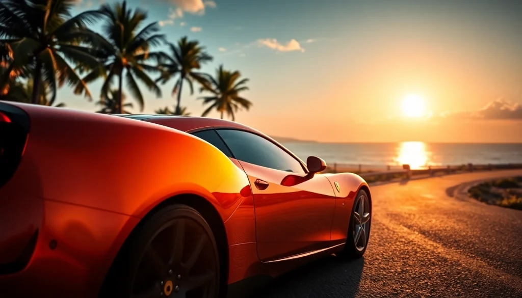 Used Ferrari for sale near Durban highlighted against a stunning sunset backdrop.
