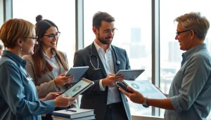 Engaged healthcare team strategizing at https://www.medexdtc.com with modern tools in a bright office.