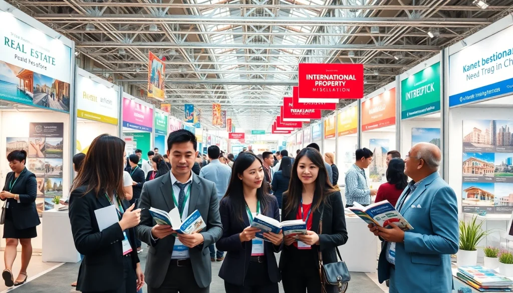 Engaging scene at an international real estate exhibition showcasing global properties.
