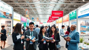 Engaging scene at an international real estate exhibition showcasing global properties.
