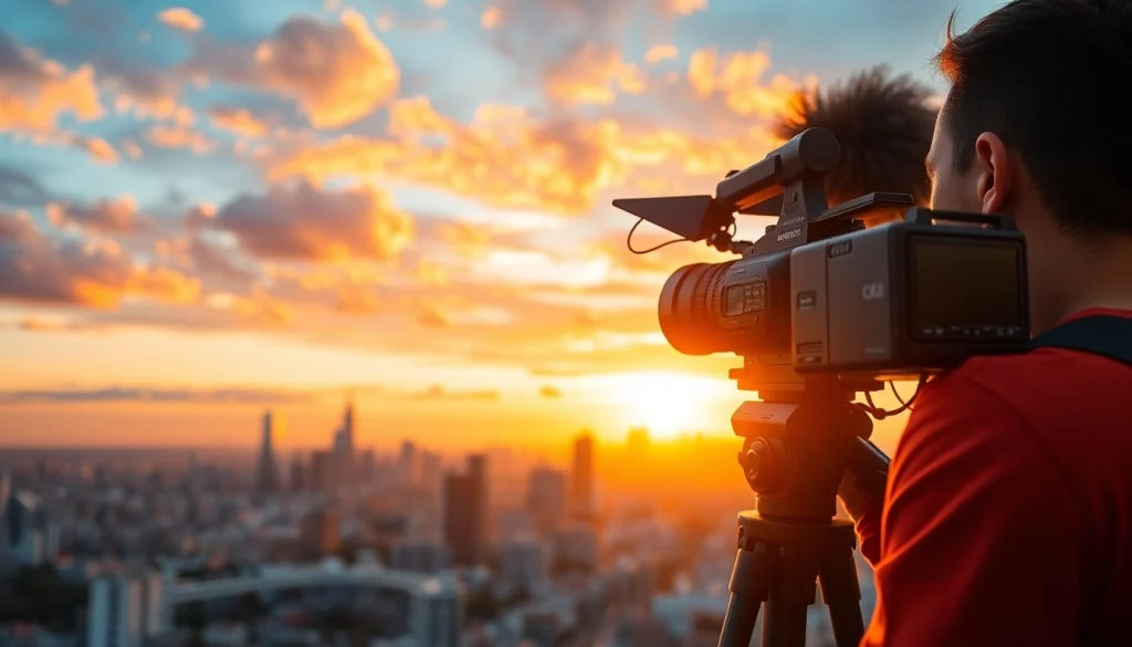 Documenting video production featuring a videographer at sunset in a cityscape.