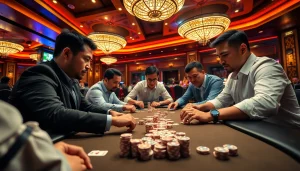 Menampilkan permainan Domino88 poker game yang mendebarkan dengan pemain fokus dan suasana kasino yang energik.