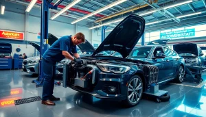 In der autowerkstatt berlin arbeitet ein Mechaniker an einem modernen Fahrzeugmotor.