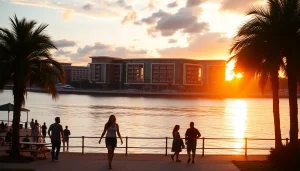 Tampa River Center at sunset, capturing vibrant colors and community life.