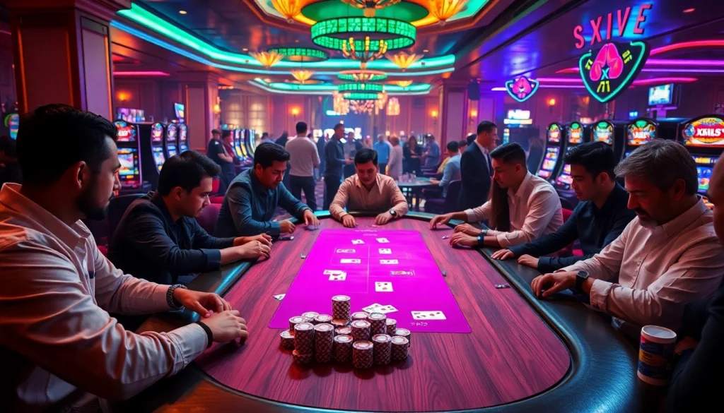 XX88 poker table filled with players strategizing their next moves in a glamorous casino environment.