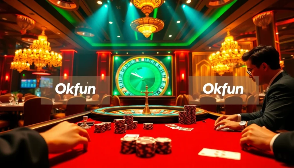Experience Okfun at the exciting poker tables, where intense plays unfold in a vibrant casino atmosphere.