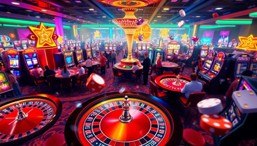 A lively casino floor with table games and KJC branding showcasing an exciting gambling atmosphere.