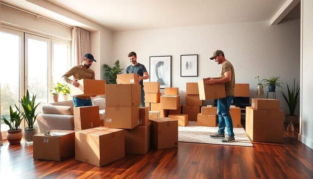 Efficient team from a Toronto moving company packing in a bright living room.