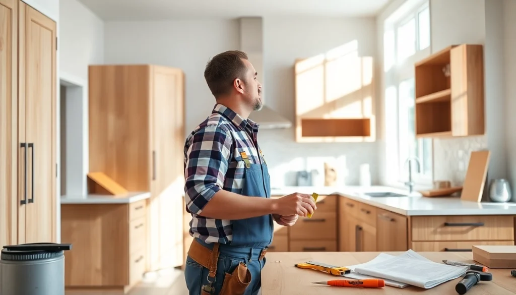 Remodeling Contractor working on a modern kitchen renovation with detailed measuring and planning.