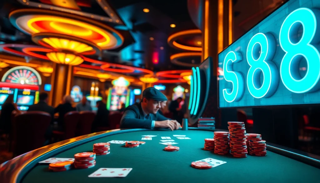 Experience the thrill of S 8 casino games at a vibrant poker table filled with avid players and colorful chips.