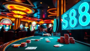 Experience the thrill of S 8 casino games at a vibrant poker table filled with avid players and colorful chips.