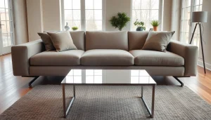 Cozy living room with a modern sofa bed featuring elegant design and soft pillows.