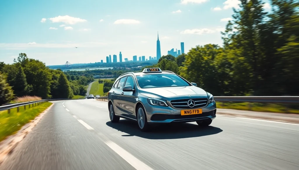 Book a Nottingham to Heathrow Taxi with a modern car traveling smoothly on a highway.