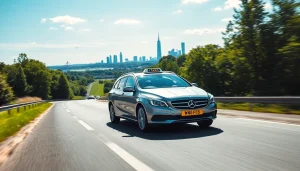 Book a Nottingham to Heathrow Taxi with a modern car traveling smoothly on a highway.