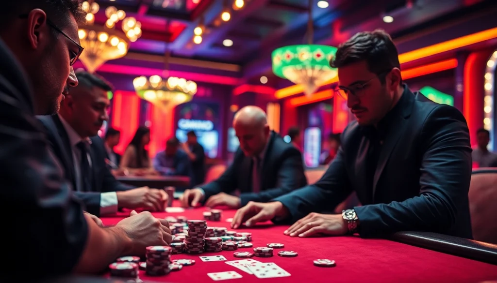 Menampilkan permainan Domino88 poker game yang intens di meja kasino dengan pemain fokus.