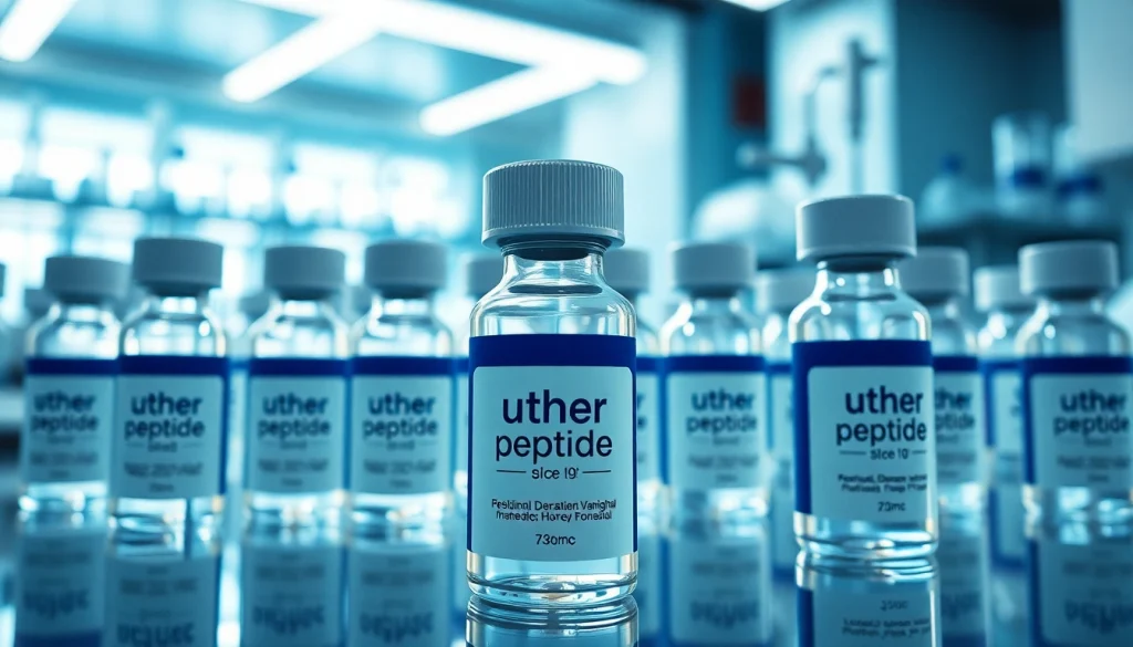 Explore Uther Peptide vials displayed in a modern lab, highlighting quality and innovation in peptide science.