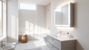 Spiegelschrank mit led Beleuchtung in modernem Badezimmer für stilvolles Ambiente.